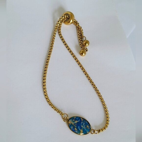 Handcrafted Boho Gold Blue Agate Gemstone Oval Dainty Adjustable Bracelet - Picture 7 of 8